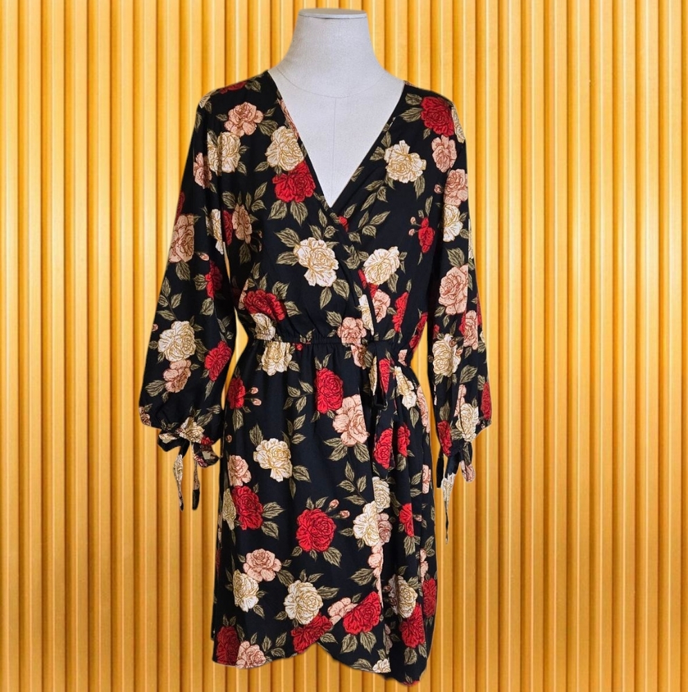 Speed Control NY Black Floral Pullover Dress L Elastic Waist 3/4 Sleeve